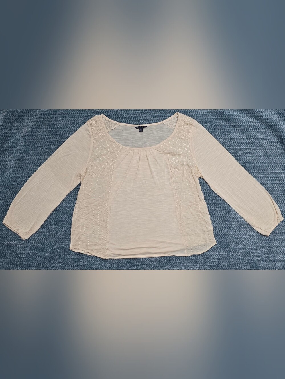 American Eagle Outfitters Cream Embroidered Scoop Neck Short Sleeve Top